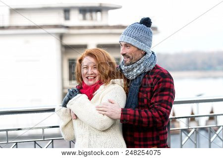Couple Hugs On Street. Men Hugging Woman. Urban Couple Date. Happy Men Hug Woman. Smiling Woman With