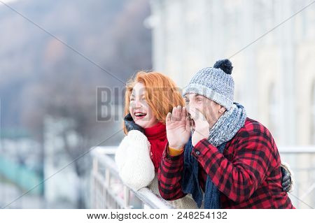 Guy Crying On Bridge. Men With Horn And Woman. Happy Pair Calling To Friends. Urban People Have Fun 