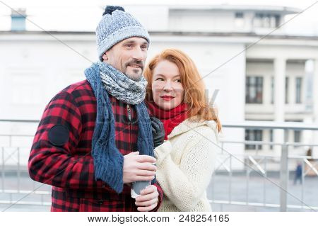 Coffee Like Couple. Date With Coffee On Street. Mam Holding Cup With Hot Coffee For Lady. Sensual Co