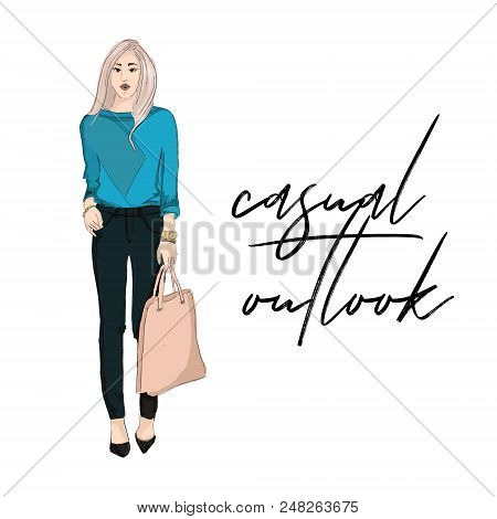 Young Woman In Blue Bloude And Pants Holding Purse Illustration. Fashoin Outlook. Business Girl Casu