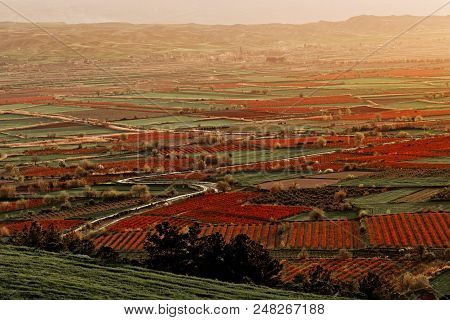 Aerial View Of Beutiful Sunset Over Green And Red Agricultiral Fields Near Pamukkale In Turkey