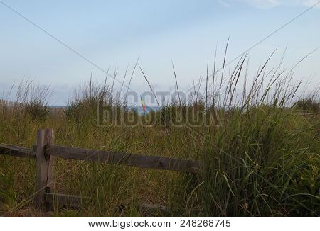 A Striped Sail Belonging To A Sailboard Or Small Catamaran Type Boat Is Seen In The Background Throu