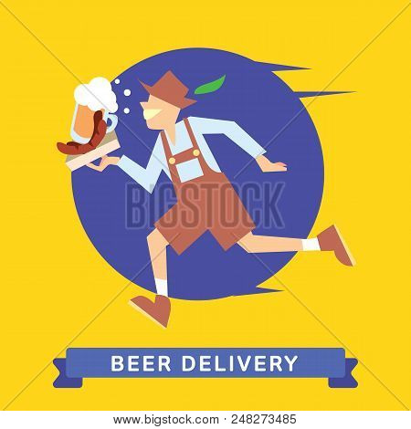 Delivery Service Of Beer And Sausage On Cartoon Character Man. Beer And Sausage Delivery Service. Be