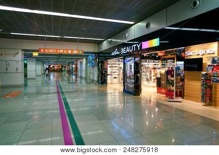 WARSAW, POLAND - CIRCA NOVEMBER, 2017: Aelia Duty Free in Warsaw Chopin Airport.