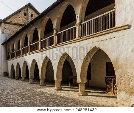 Omodos, Cyprus. May 2018. A View Inside The Timios Stavros Monastery In The Traditional Village Omod