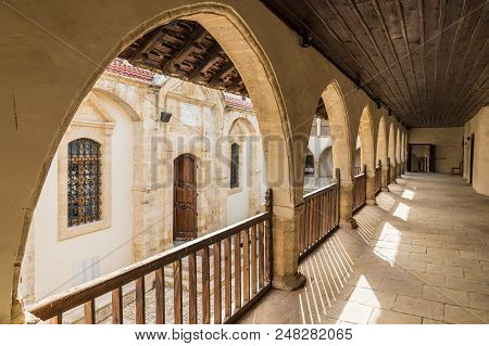 Omodos, Cyprus. May 2018. A View Inside The Timios Stavros Monastery In The Traditional Village Omod