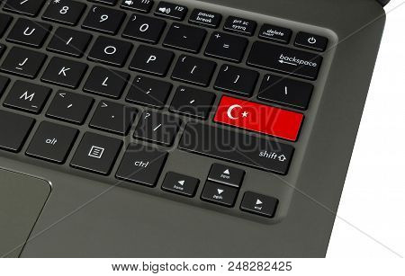 Flag Of Turkey On Laptop Keyboard, Close-up.