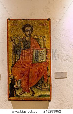 Omodos, Cyprus. May 2018. A View Of Art Work Of St Philip In The Timios Stavros Monastery In The Tra