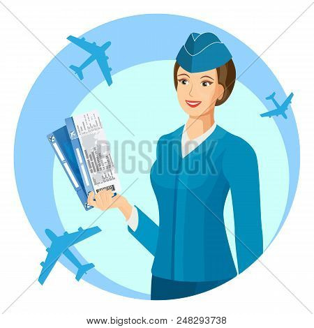 Blue Uniformed Flight Attendant Smiling And Holding Plane Ticket. Stewardess Depiction In Round Fram