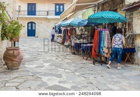 Omodos, Cyprus. May 2018. A Typical View Of A Tourist Store In The Traditional Village Omodos In Cyp