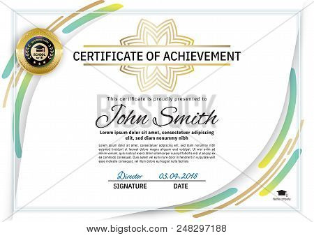 Official White Certificate With Green Line Design Elements, Gold Emblem. Business Clean Modern Desig