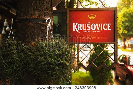 Cacak, Serbia - July 03, 2018: Advertising Restaurant Board Of Czech Beer Krusovice.