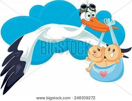 Cartoon Stork With Twins Vector Illustration Pregnancy Annoucement Card Design