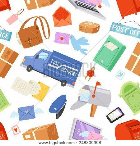 Postoffice Vector Postman Delivers Mails In Postbox Or Mailbox And Post Character Carries Mailed Let