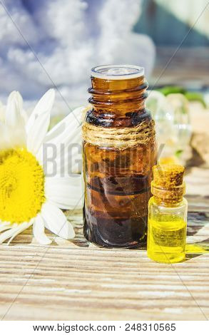 Chamomile Essential Oil. Selective Focus. Butle Little.