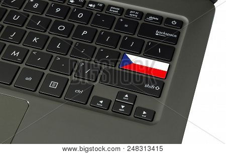 Flag Of Czech Republic On Laptop Keyboard, Close-up.