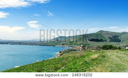 View Of Sevanavank Church In Sevan, Armenia On Sunny Spring Day, A Blue Sky, Long Width Banner