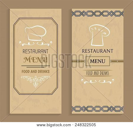 Restaurant Menu With Drinks And Food Templates. Menu Of Vintage Design With Chef Hat Logo. Prestigio