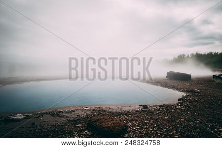 Geysir Hot Very Blue Water Spring With Steam In Iceland