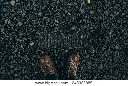 Wet Black Stones With Wander Shoes In Iceland Hiking