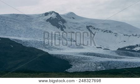 Glacier In Iceland On A Mountain Covered In Clouds Tele Lens
