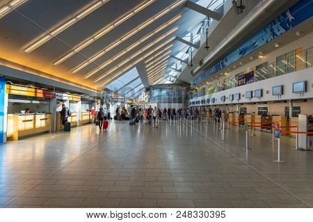 Tallinn, Estonia - July 2018: Tallinn Airport Departure Area Architecture. Tallinn Airport Is The Ma