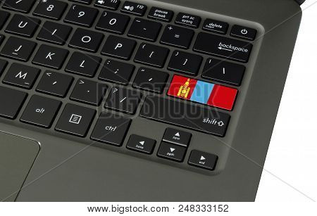 Flag Of Mongolia On Laptop Keyboard, Close-up.