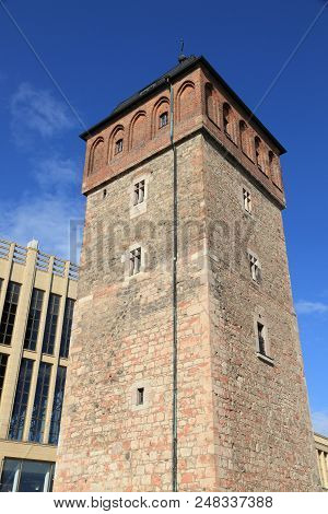 Chemnitz City In Germany (state Of Saxony). Red Tower, Part Of Former City Walls. Medieval Landmark.