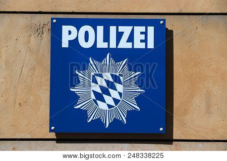 Nuremberg, Germany - May 6, 2018: Police Station Sign In Nuremberg, Germany. Bavarian State Police (