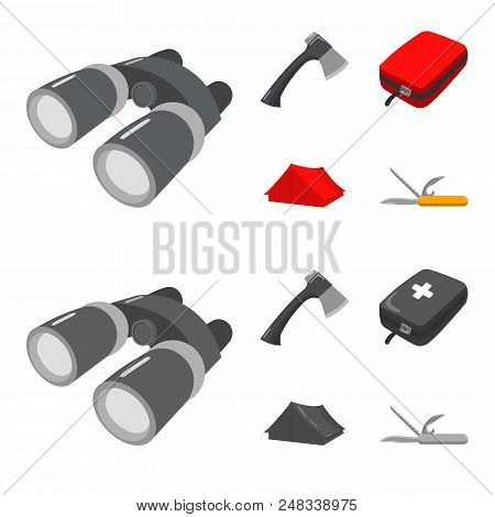 Ax, First-aid Kit, Tourist Tent, Folding Knife. Camping Set Collection Icons In Cartoon, Monochrome 