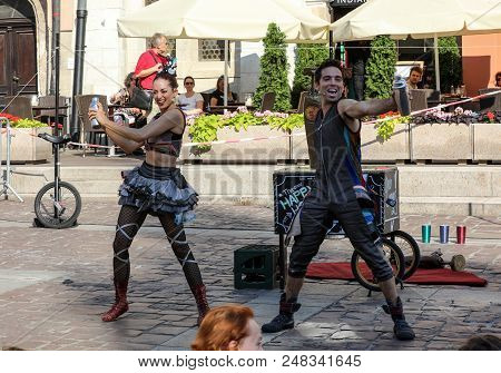 Cracow, Poland - July 5, 2018: Performance Of The Happy Hour Show Performed By Duo Looky From Israel