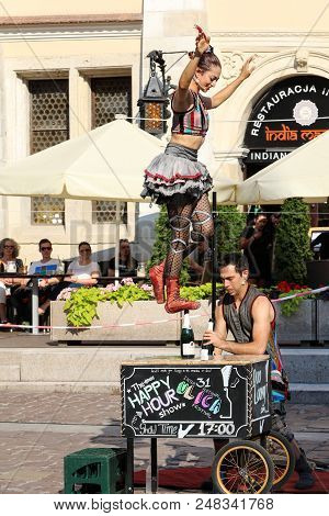 Cracow, Poland - July 5, 2018: Performance Of The Happy Hour Show Performed By Duo Looky From Israel