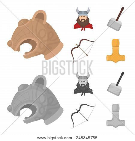 Viking In Helmet With Horns, Mace, Bow With Arrow, Treasure. Vikings Set Collection Icons In Cartoon