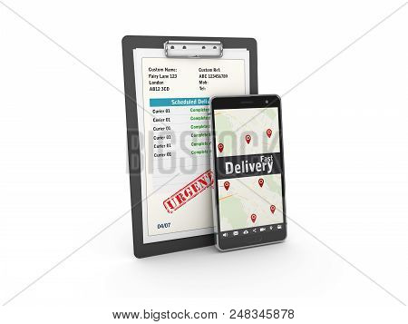 Cell Phone And Clipboard With Receipt Form Isolated On White. 3d Illustration.
