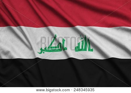 Iraq Flag  Is Depicted On A Sports Cloth Fabric With Many Folds. Sport Team Waving Banner