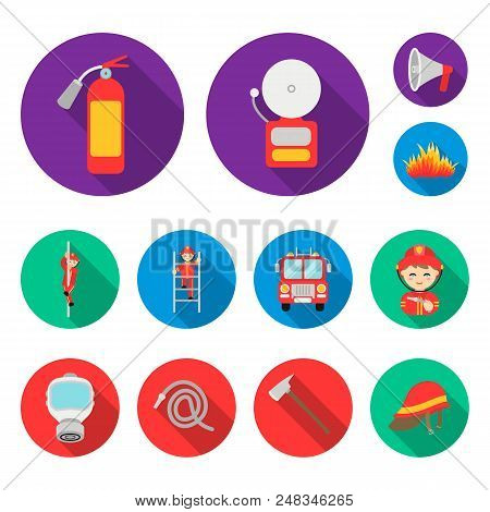 Fire Department Flat Icons In Set Collection For Design. Firefighters And Equipment Vector Symbol St