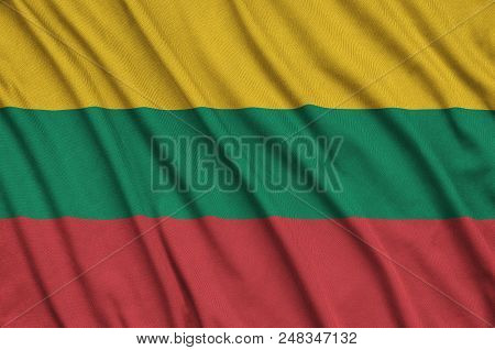 Lithuania Flag  Is Depicted On A Sports Cloth Fabric With Many Folds. Sport Team Waving Banner