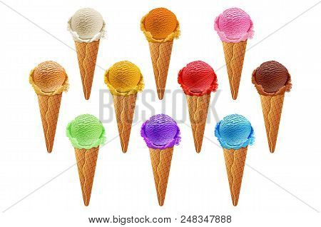 Various Of Ice Cream Flavor In Cones Blueberry ,strawberry ,pistachio ,almond ,orange And Cherry Set