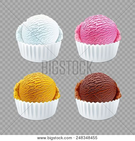 Real Ice Cream Scoops In White Cups Of Chocolate, Strawberry, French Vanilla And Orange Flavours Iso