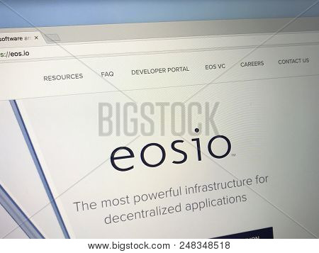 Amsterdam, The Netherlands - July 6, 2018: Website Of Eos.io. Eosio Is A Cryptocurrency Token.