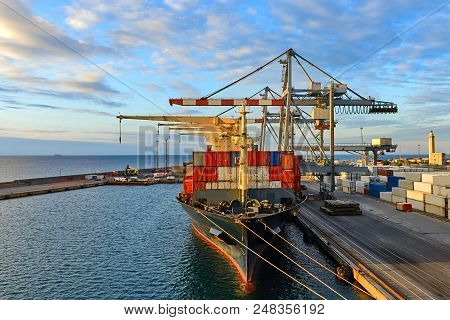 Container Ship Moored At Port  Loading In Progress