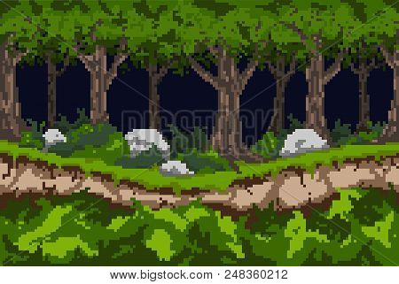 Pixel Background With A Dark Forest, A Path Along The Ravine And Thickets Of Bushes With Stones. For