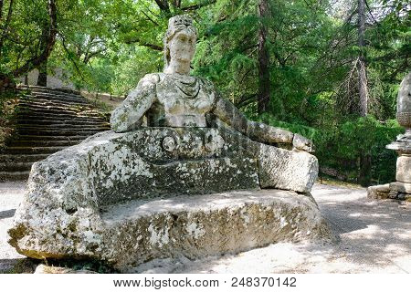Ancient Renaissance Sculpture Proserpine Bench At The Famous Parco Dei Mostri, Also Called Sacro Bos