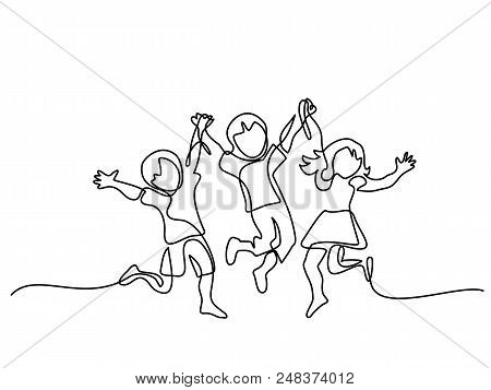 Happy Jumping Children Holding Hands. Continuous Line Drawing. Vector Illustration On White Backgrou