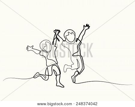 Happy Jumping Children Holding Hands. Continuous Line Drawing. Vector Illustration On White Backgrou