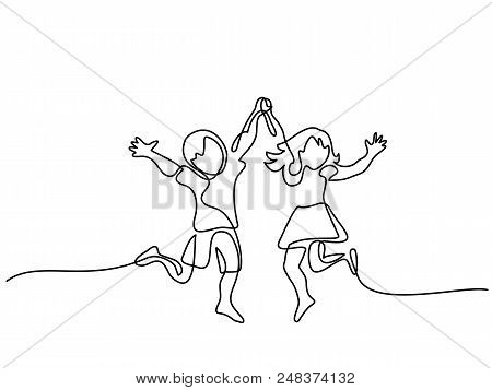 Happy Jumping Children Holding Hands. Continuous Line Drawing. Vector Illustration On White Backgrou