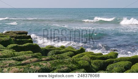 Beautiful ocean and wave in sunny day, Laomei Green Reef in Taipei, Taiwan