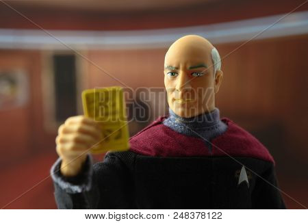 JULY 3 2018: Scene from Star Trek The Next Generation with Captain Jean-Luc Picard in his ready room aboard the USS Enterprise - Playmates 9 inch action figure
