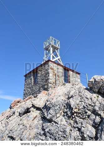 Banff, Ab / Canada - July 27, 2017:  The Observatory Building Atop Sanson Peak On Sulphur Mountain, 