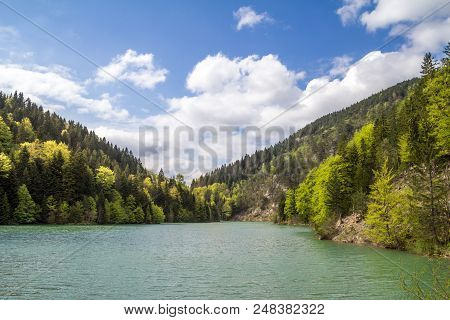 Zaovine Lake In Serbia, During A Sunny Afternoon With A Blue Water And A Green Forest Made Of Pine T